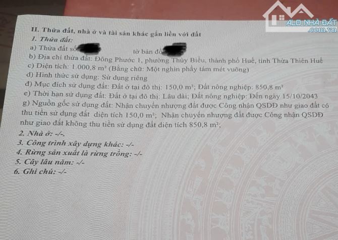 BÁN 1000M2 ĐẤT PHƯỜNG THUỶ BIỂU-TP HUẾ CÁCH ĐƯỜNG BÙI THỊ XUÂN 100M2 GIÁ CHỈ 10TỶ - 1