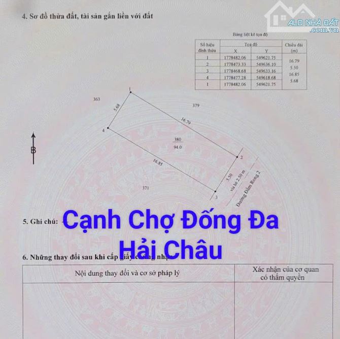 Mặt Tiền Đường 5m5 cạnh chợ Đống Đa. S= 94m2 ngang 5m5 Đông Nam. Giá: 7.5 tỷ