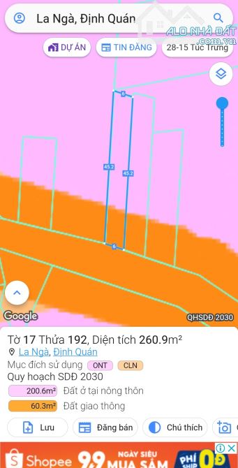 Bán đất tại Khu Công Nghiệp,Xã La Ngà, Định Quán, Đồng Nai, 1,1 tỷ, 260m2(6mx45m)