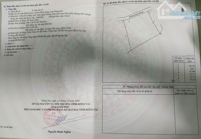 BÁN LÔ ĐẤT BIỆT THỰ TẠI THỊ TRẤN ĐỊNH QUÁN 1064m2(29mx37m) CÓ SẴN 200M2 THỔ CƯ CHỈ 1TỶ8