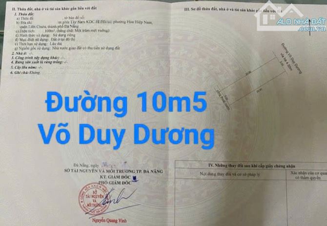 Đất mặt tiền Võ Duy Dương Đường 10m5, gần Mê Linh. Liên Chiểu.S= 100m2. Giá: 3.6 tỷ