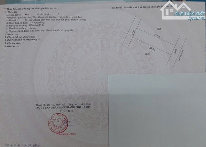 LÊ HỮU TRÁC - Khu GÒ CÁT 6-2 Tỷ 650 - F Long Tâm - Tp Bà Rịa-5x21m - Hướng Đông Nam - 2