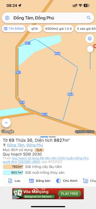 8 sào 8 đất Đồng Tâm có 160m mặt tiền đường giá 1.2 tỉ - 1