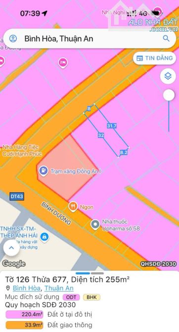 "bán Lô Đất khu phố Đồng An 1, Phường Bình Hòa Đường DT743 Giá 7,6 tỷ / 255m2 - 2