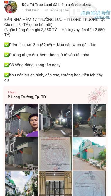 BÁN NHÀ C4 – gác đúc, SHR, HẺM 47 TRƯỜNG LƯU – P. LONG TRƯỜNG, Q9 Giá chỉ: 3,4TỶ (TL)