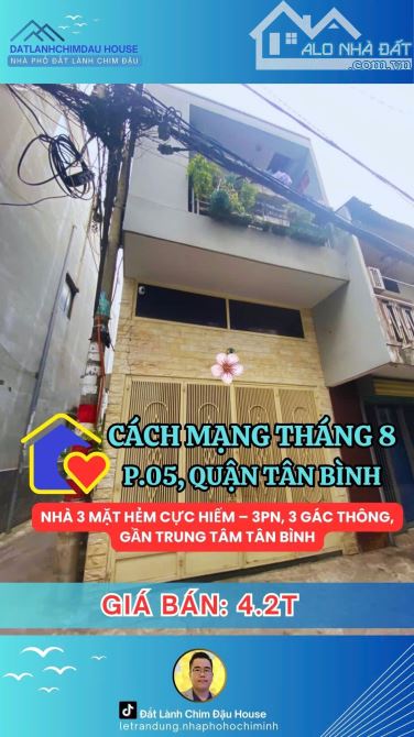 NHÀ 3 MẶT HẺM CỰC HIẾM – 3PN, 3 GÁC THÔNG, SAU LƯNG HỒ BƠI CỘNG HOÀ, CHỈ 4.2 TỶ