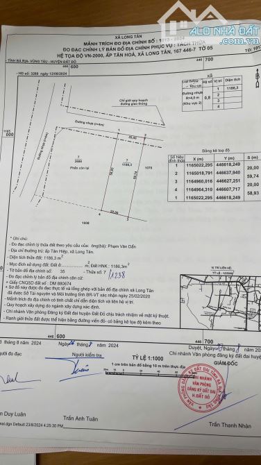 Bán Đất Mặt Tiền Long Tân- Long Đất- BRVT  Diện tích: 20x60 (1186m2- quy hoạch đất ở - 6