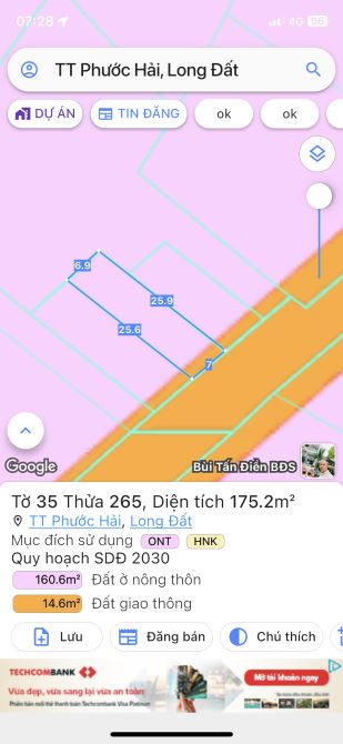 Bán đất sổ sẵn hướng đông nam ven biển Phước Hải.Diện tích 175m2- ngang 7mx 26m-80 thổ cư