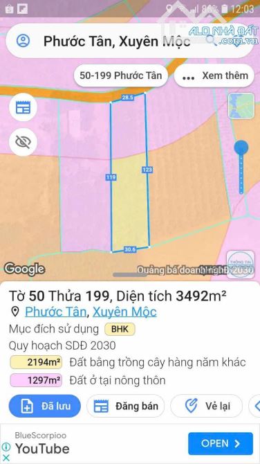 BÁN 3500M2 ĐẤT VƯỜN PHƯỚC TÂN, XUYÊN MỘC, BÀ RỊA VŨNG TÀU, GIÁ 750TR/SAO, ĐẤT PHỦ HỒNG