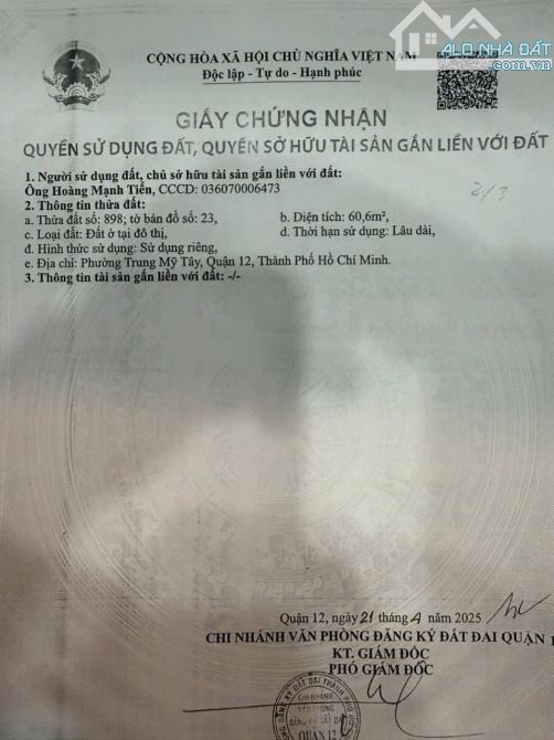 Bán 3 lô đất (4x18) Sổ mới ra lò. Đường 5m Trung Mỹ Tây 13, Quận 12