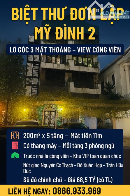 BÁN BIỆT THỰ ĐƠN LẬP KĐT MỸ ĐÌNH 2, LÔ GÓC, THANG MÁY. 200m2 MT 11m, giá 68,5 tỷ.