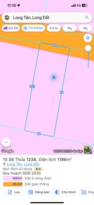 1.186m2 ĐẤT VƯỜN MẶT TIỀN ĐƯỜNG NHỰA – LONG TÂN, ĐẤT ĐỎ Giá chỉ: 3,2 tỷ - 3