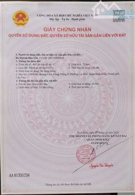 Bán nhà cấp 4 hẻm 108 đường cách mạng tháng 8, phường cái khế