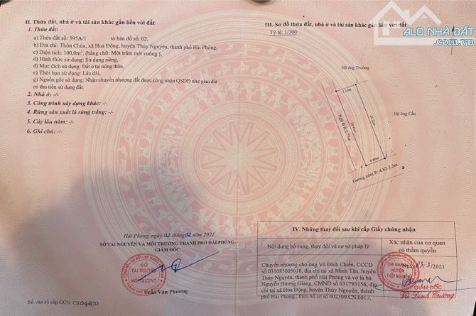 Lô đất thôn chùa _Hoa Động TP Thuỷ Nguyên   Diện tích 100m  Lô góc 2 mặt tiền.đường trải