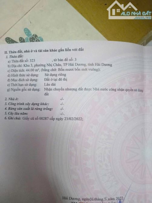 Chủ cần bán nhanh lô đất ngõ phố Nhị Châu TPHD DT: 44m2, MT: 4m vuông đét Cách chợ Nhị Châ - 1