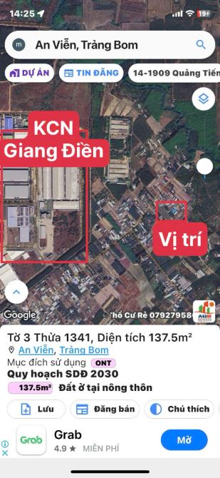 Chú em cần tiền nên bán gấp lô 137m2 full thổ cư,giá 1ty050 ngay KCN Giang Điền - 4