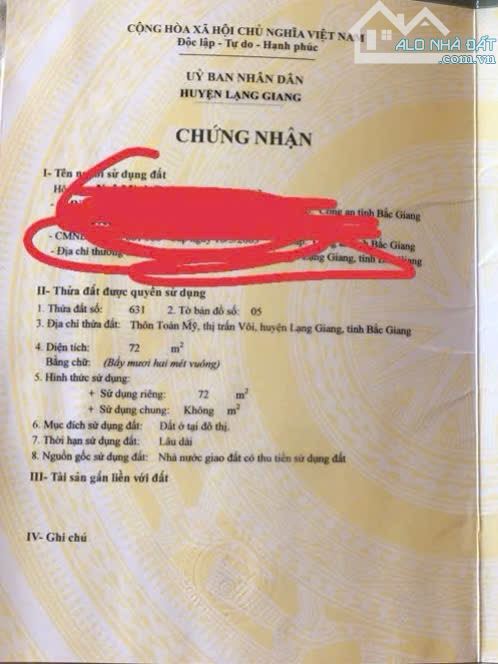 Đất thị trấn Lạng Giang Bắc Giang, 72m, Mt 4,5m, sổ đỏ sẵn