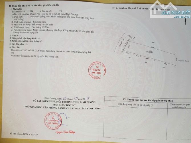 Bán Đất 12.408m2 MT ĐT 741 P.Chánh Phú Hòa, Bến Cát, Bình Dương 3,9tr/m2.