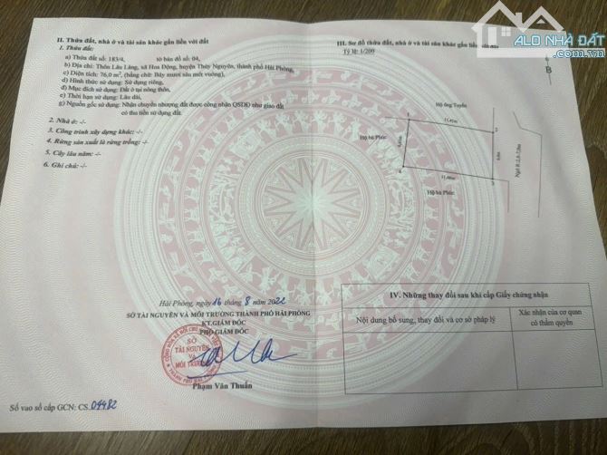 Bán 76m đất tại TDP Lâu Làng -Hoa Động-Thuỷ Nguyên-Hải Phòng giá cực tốt 1.5x tỷ ngõ 4m - 2