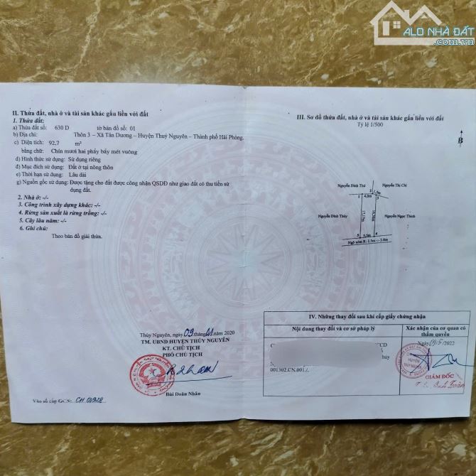 Bán lô Tân Dương- Thuỷ Nguyên trục thông ô tô ta vaog 92,7m giá 3,2x tỷ - 3