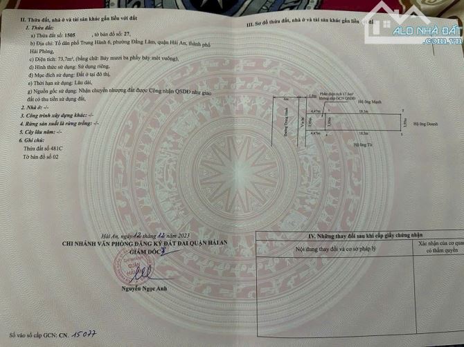 CHUYỂN NHƯỢNG 73,7M2 ĐẤT - TẶNG NHÀ 2,5 TẦNG MẶT ĐƯỜNG TRUNG HÀNH, ĐẰNG LÂM, HẢI PHÒNG.