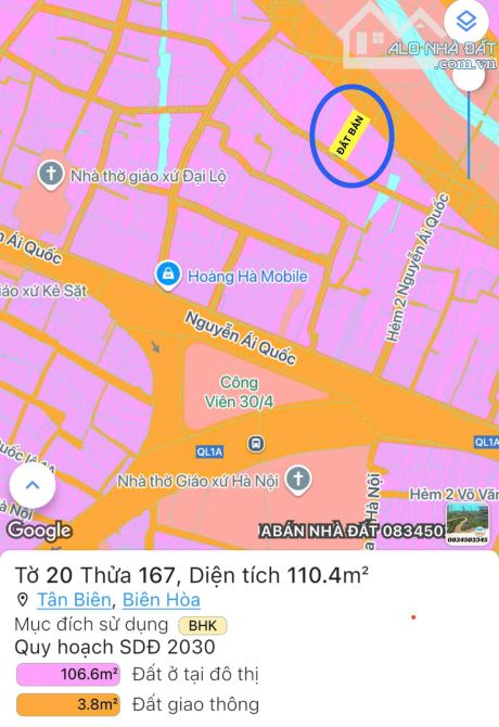 Bán lô đất Ngang 6m trung tâm Cv 30/4 Hẻm Sao Mai P.Tân Biên .Tp Biên Hoà