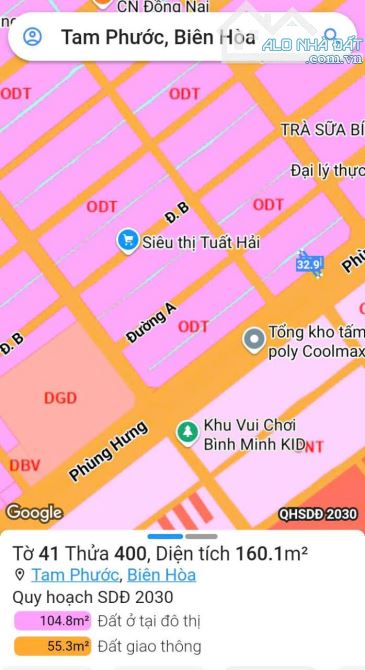 Bán đất mặt tiền đường Phùng Hưng, Tam Phước chỉ 3.05 tỷ