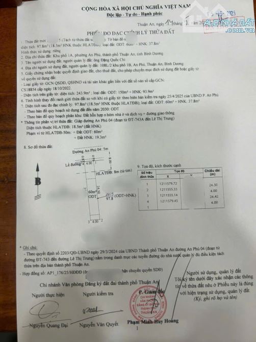 đất 97,8m2 3ty5 TL Kinh Doanh MT đường An Phú 04 p.An Phú Tp.Thuận An