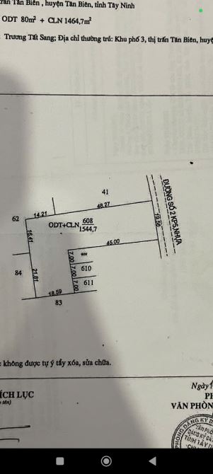 Bán đất thổ cư gần Văn Phòng Khu phố 5 Thị Trấn Tân Biên dt 19,5x62m