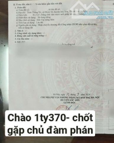 Bán Đất Thắng Trí Minh Tri Sóc Sơn-HN-81m-DT thự tế=133m=1ty370