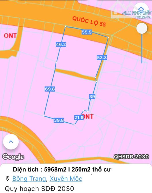 Cần bán 5.968m2 đất phủ hồng toàn bộ, thổ cư sẵn 250m, mặt tiền quốc lộ 55, ngang đến 56m