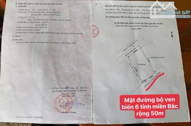 Bán mặt đường ven biển Minh Đức, Đồ Sơn, Hải Phòng.Diện tích : 182,2m2 - Mặt tiền 10,3m