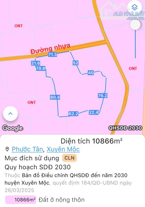 Cần bán 10.866m2 đất phủ hồng, mặt tiền nhựa đến71m, trong khu dân cư hiện hữu Phước Tân