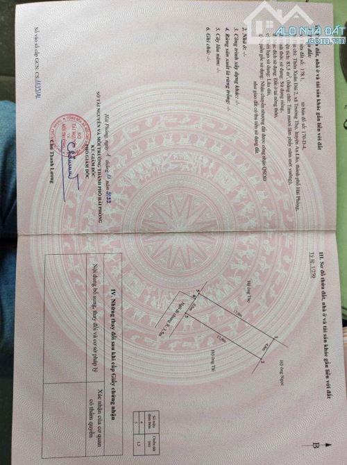 Bán 72m2 Văn Tràng 1, thị trấn Trường Sơn, An Lão, Hp Đất vuông vắn, hướng Đông Nam, oto v