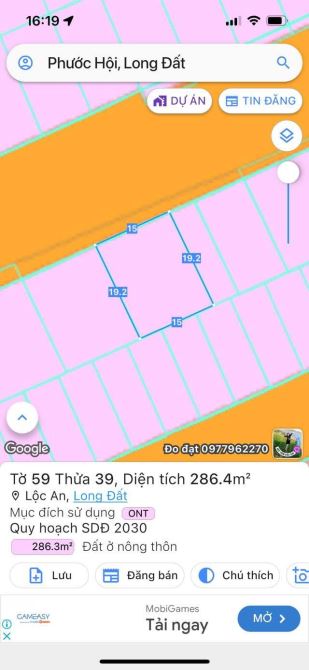 Mặt tiền trục chính đường Hàng Dương, Lộc An * Diện tích:286m2-15x19-full thổ cư, giá 5ty3