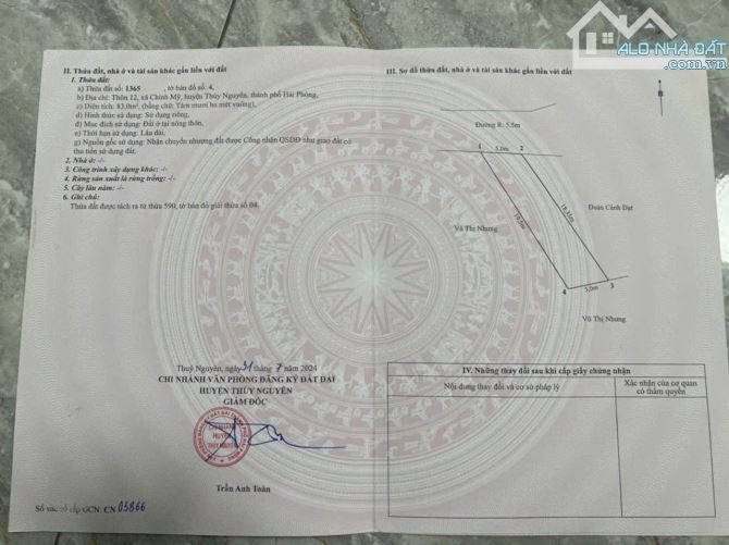 Cần bán hai lô đất liền kề tại thôn 12, xã Chính Mỹ, Thủy Nguyên, Hải Phòng  Diện tích mỗi - 1