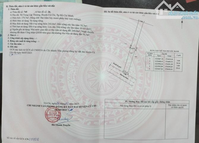 Chủ gửi bán đất xã TLT củ chi. Diện tích 270m2 thổ cư. Giá bán 2 tỷ 200 triệu có bớt.