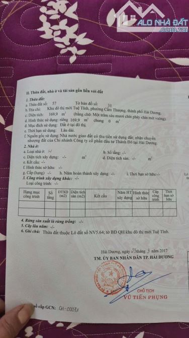 Bán đất lô góc nhà vườn K Đ  T Tuệ Tĩnh, ph Cẩm Thượng, TP HD, 169.9m2, mt hơn 24m - 1