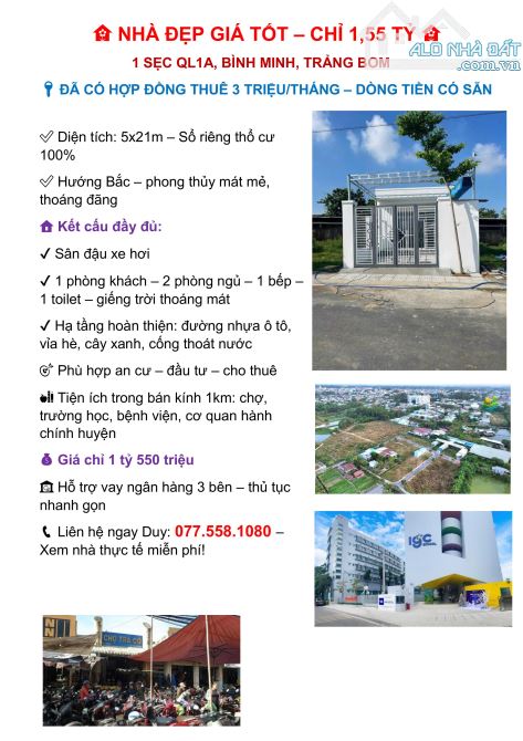 Nhà mới, sổ riêng thổ cư 100% – Gần QL1A, chợ Trà Cổ – Giá 1.55 tỷ – Thuê sẵn 3tr/tháng - 4
