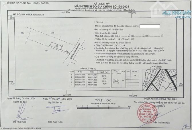 LÔ ĐẤT NGAY TL44B - TT PHƯỚC HẢI MỚI . LONG ĐẤT.BRVT . Ngang 16,5m x 67m sẵn 100m tc đường