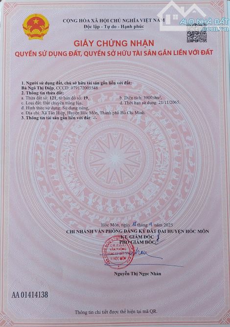 Bán đất nông nghiệp 3900m2, giá 20 tỷ, xã Tân Hiệp, huyện Hóc Môn, TP.HCM