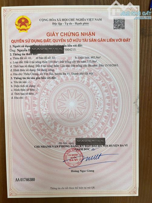 Bán đất Thôn Chóng, Yên Bài, Ba Vì DT 483 m2 giá rẻ