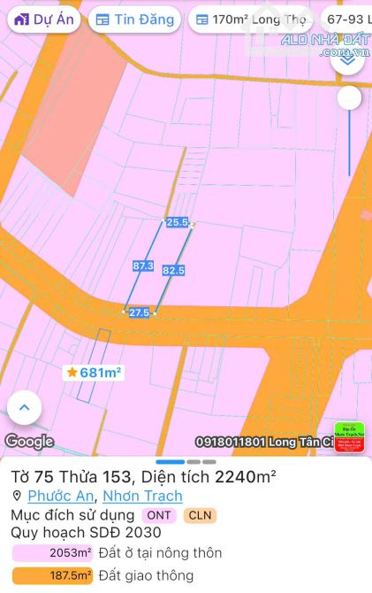 3 Mặt tiền đường Hùng Vương, 27x88m [2362m2] 300m2 thổ. Phước An, Nhơn Trạch, Đồng Nai - 1