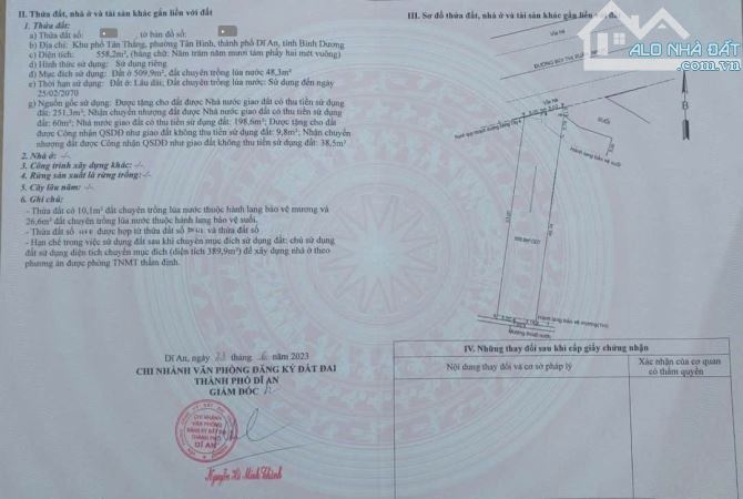 đất 558.2m2 20Ty TL (10x57) MT đường Bùi Thị Xuân p.Tân Bình Tp.Dĩ An