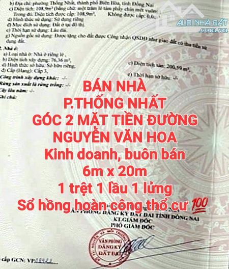 BÁN NHÀ ĐẤT THỐNG NHẤT, MẶT TIỀN ĐƯỜNG NGUYỄN VĂN HOA KINH DOANH, BUÔN BÁN, SỔ HỒNG THỔ CƯ