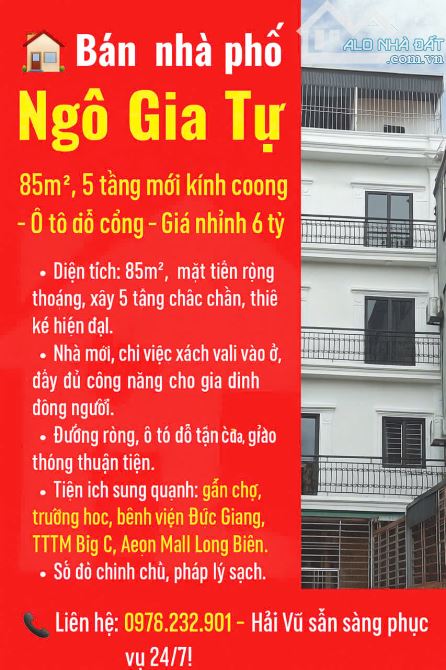 🏡 Bán nhà phố Ngô Gia Tự - 85m², 5 tầng mới kính coong – Ô tô đỗ cổng – Giá nhỉnh 6 tỷ