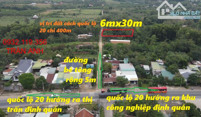 CÁCH QUỐC LỘ 20 400M LÔ ĐẤT NỀN SIÊU ĐẸP 180M2(6MX30M) THỔ CƯ CHỈ 650 TRIỆU