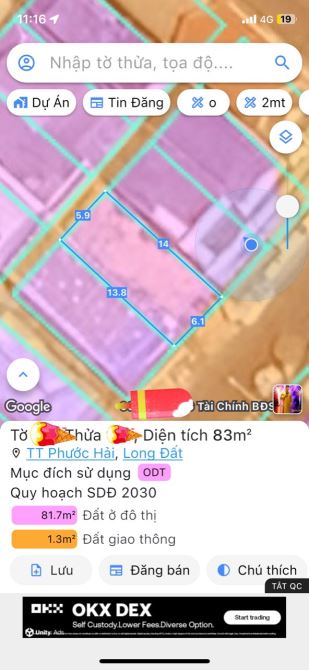 HƯỚNG ĐÔNG NAM TDC BIỂN PHƯỚC HẢI-CÁCH BIỂN 100m Dt: 83m2-ngang 6mx14m-full thổ cư,giá 4ty