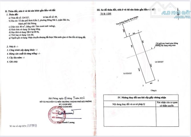 BÁN LÔ ĐẤT MẶT ĐƯỜNG NGUYỄN BỈNH KHIÊM - ĐÔNG HẢI 2 - HẢI AN  -DIỆN TÍCH :80m (ngang 4m)