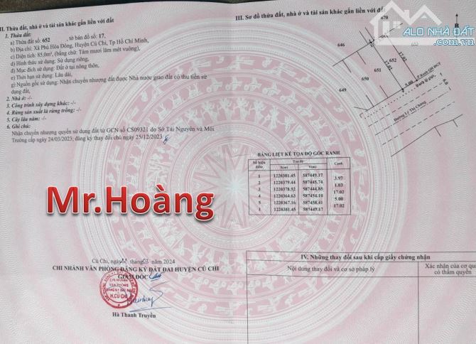 BÁN ĐẤT MẶT TIỀN ĐƯỜNG LÝ THỊ CHỪNG XÃ PHÚ HÒA ĐÔNG CŨ CHI, 85m2 GIÁ CHỈ NHỈNH 1.7TỶ